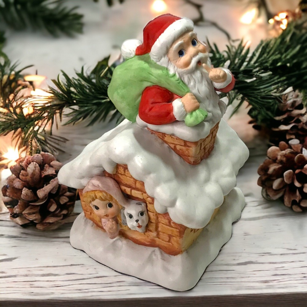 Vtg Ceramic Christmas Musical Wind Up Figure Plays "Jingle Bells"Santa 9inx3.5in